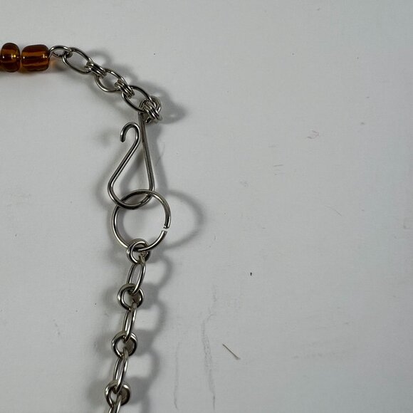 Handcrafted Silver Chain Bracelet With Amber-Colored Beads & Teardrop Pendant - Picture 3 of 3